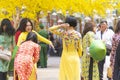 Vietnamese lunar new year. Women wear Vietnam tradition ao dai to take pictures on street with yellow flower apricot in Tet Royalty Free Stock Photo