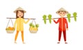 Vietnamese Man and Woman in Conical Hat Carrying Fruits in Basket and Rice Plant Vector Set