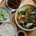 Vietnamese meal for lunch, vegetarian homemade food with seitan, vegetable soup, rice dish Royalty Free Stock Photo