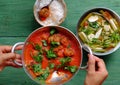 Vietnamese meal for lunch, vegetarian homemade food, tofu ball cook with tomato sauce, vegetable soup, rice bowl Royalty Free Stock Photo