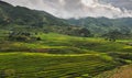 Vietnamese mountain landscape with rice fields and small villages in the mountains