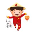 2021 Vietnamese New Year Tet illustration, buffalo, cute kid in traditional red shirt hold lantern, yellow hat, Lunar New Year.