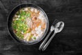Vietnamese noodle soup pho with herbal vegetable