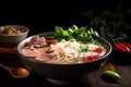 Vietnamese Pho dish. Close up shot over dark background.