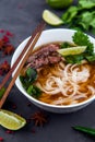 Vietnamese Pho Noodle Soup. Beef with Chilli, Basil, Rice Noodle Royalty Free Stock Photo