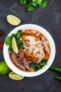 Vietnamese Pho Noodle Soup. Beef with Chilli, Basil, Rice Noodle Royalty Free Stock Photo