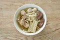 Vietnamese rice noodles or Pho with slice sausage and chop pork couple blood in soup on bowl Royalty Free Stock Photo