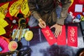 Vietnamese scholar writes calligraphy at lunar new year. Calligraphy festival is a popular tradition during Tet holiday