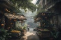 Vietnamese street with shops, local flavor. Generative AI