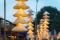 Vietnamese traditional conical hats hanging on wire for decoration. Royalty Free Stock Photo