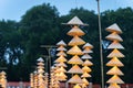 Vietnamese traditional conical hats hanging on wire for decoration. Royalty Free Stock Photo