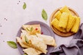 Vietnamese vegetarian egg rolls, cha gio chay and corn on the table. party food top view. Royalty Free Stock Photo