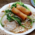 Vietnamese vegetarian food for breakfast, rice noodle with fried spring roll, vegetables for vegan meal