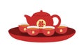 Vietnamese wedding tea set clipart. Wedding red teapot and cups flat vector illustration. Vietnamese traditional wedding