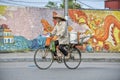 Vietnamese woman on a bike Royalty Free Stock Photo