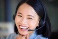 Vietnamese woman, face or call center worker on customer support, b2b consulting or telemarketing office headset. Happy Royalty Free Stock Photo