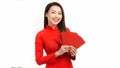 Vietnamese woman hold with lucky pocket money Royalty Free Stock Photo