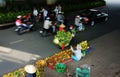 Vietnamese woman transport bananas by bicycle, mobile fruits shop pavement street vendor