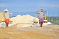 Vietnamese women are burdening hard to collect salt from the extract fields to the storage fields Royalty Free Stock Photo