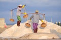 Vietnamese women are burdening hard to collect salt from the extract fields to the storage fields