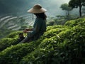 Vietnamese women pick tea leaves