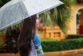 Vietnamese women wear Ao dai holding umbrella in the rain