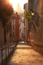 Vieux Lyon alley at sunrise. Royalty Free Stock Photo