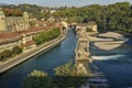 View of Aare river dam and old city of Bern. Switzerland