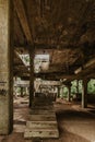 View of abandoned empty buildings of old tin mine. Industrial dirty building interior. Damaged factory in Rolava, Ore mountains, Royalty Free Stock Photo