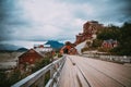 View of the abandoned Kennecott Mine UNESCO historical site building, with the bridge in the foreground. Located in Wrangell St. Royalty Free Stock Photo