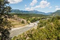 View of the abandoned village of Janovas and the Ara river in the Pyrenees Royalty Free Stock Photo