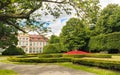 View on abbots palace and flowers in gdansk oliva park.