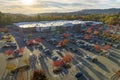 View from above of american grocery store with many parked cars on parking lot with lines and markings for parking Royalty Free Stock Photo