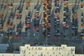 View from above of american grocery store with many parked cars on parking lot with lines and markings for parking Royalty Free Stock Photo