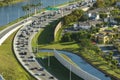 View from above of apartment residential condos near noisy highway road with car traffic in Miami suburban area Royalty Free Stock Photo