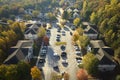 View from above of apartment residential condos between yellow fall trees in suburban area in South Carolina. American Royalty Free Stock Photo