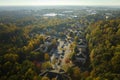 View from above of apartment residential condos between yellow fall trees in suburban area in South Carolina. American Royalty Free Stock Photo