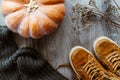 Autumn sweater, suede orange sneakers and pumpkin