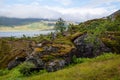 View from above of a beautiful panorama of moss-covered rocks with a lone tree in the foreground. On the horizon are mountains and