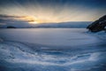 View above big beautiful frozen lake and mountain in winter, Baikal lake, Russia Royalty Free Stock Photo