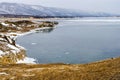 View above big beautiful lake and mountain in winter, Baikal lake, Russia Royalty Free Stock Photo