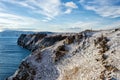 View above big beautiful lake and mountain in winter, Baikal lake, Russia Royalty Free Stock Photo