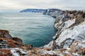 View above big beautiful lake in winter, Baikal lake, Russia Royalty Free Stock Photo