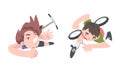 View from above of boys falling down from kick scooter and bicycle cartoon vector illustration