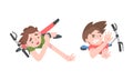 View from above of boys falling down from kick scooters cartoon vector illustration