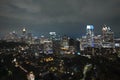 View from above of brightly illuminated high skyscraper buildings in downtown district of Atlanta city in Georgia, USA