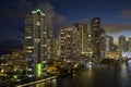 View from above of brightly illuminated high skyscraper buildings in downtown district of Miami Brickell in Florida, USA Royalty Free Stock Photo