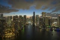 View from above of brightly illuminated high skyscraper buildings in downtown district of Miami Brickell in Florida, USA Royalty Free Stock Photo