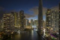 View from above of brightly illuminated high skyscraper buildings in downtown district of Miami Brickell in Florida, USA Royalty Free Stock Photo