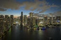 View from above of brightly illuminated high skyscraper buildings in downtown district of Miami Brickell in Florida, USA Royalty Free Stock Photo